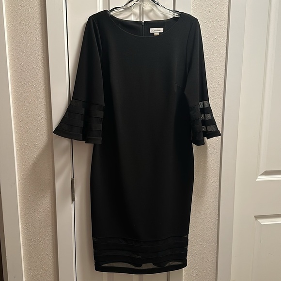 Calvin Klein Black Boat neck Bell Sleeve Sheath Dress Sheer Accents Size 12 - Picture 6 of 13